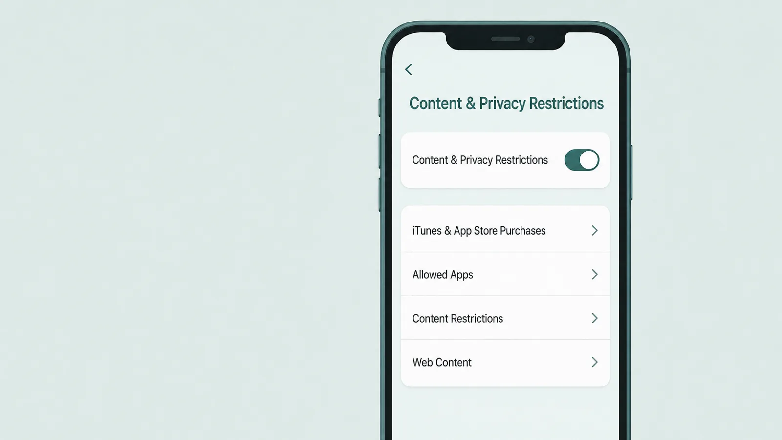 Màn hình Content & Privacy Restrictions trên iOS với công tắc đang bật và các hàng hạn chế