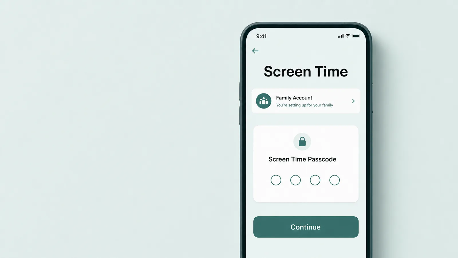 Màn hình thiết lập Screen Time trên iOS với một hàng Family Account và một trường mật mã