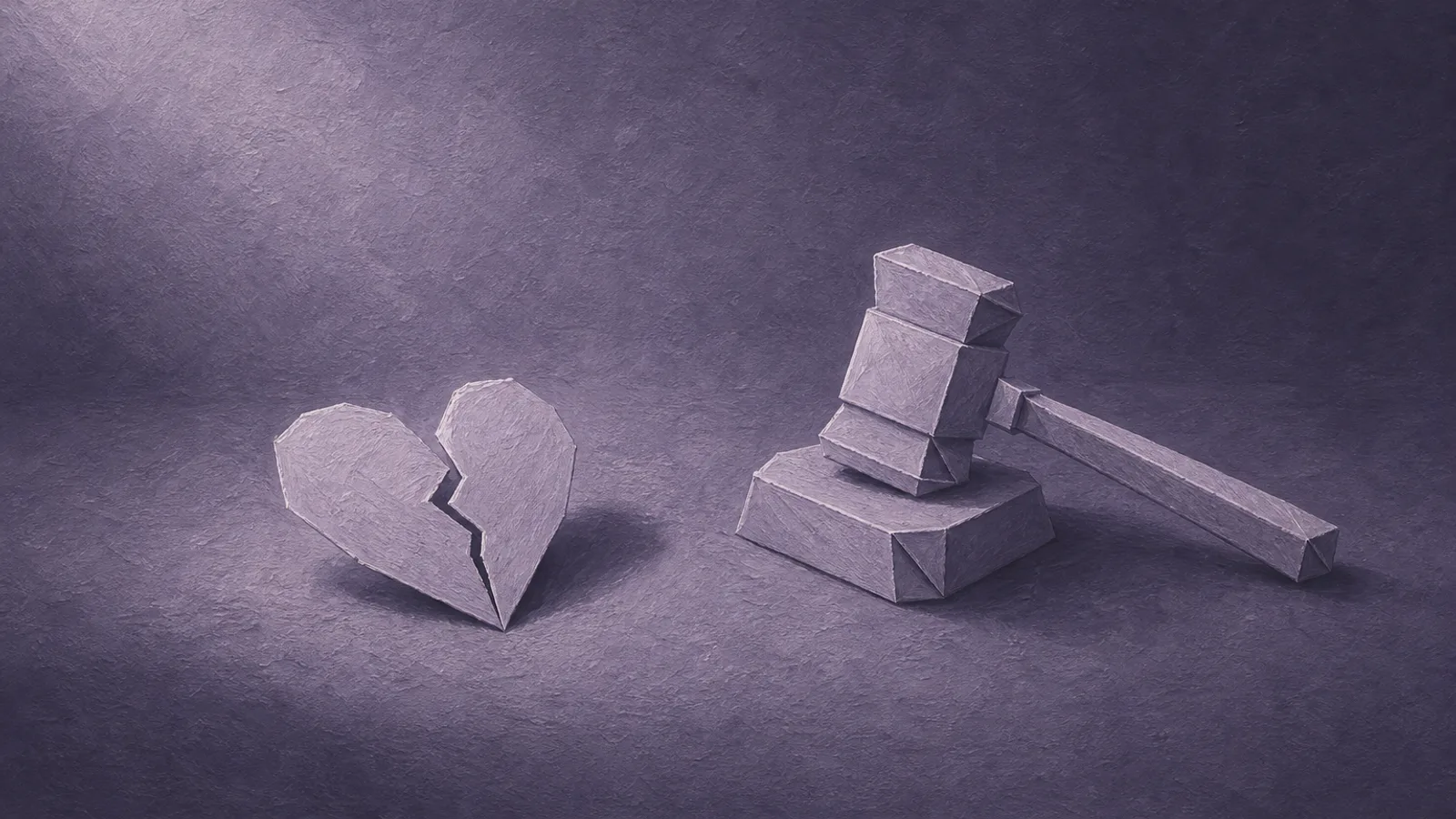 harms-and-lawsuits Một trái tim giấy bị nứt đặt cạnh một chiếc búa giấy nhỏ gấp lại, trên bề mặt màu tím bụi
