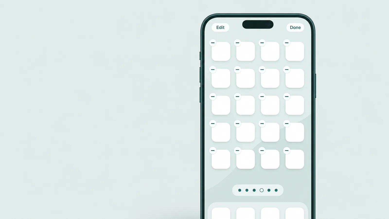 home-screen-tricks Màn Hình Chính ở chế độ chỉnh sửa hiển thị hàng dấu chấm trang với một trang đã bị tắt