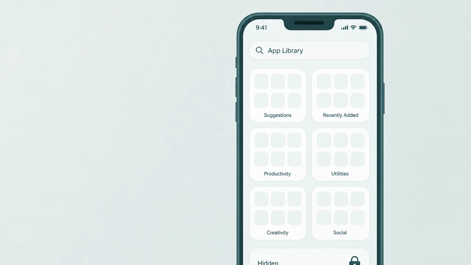 ios18-hidden-folder Màn hình App Library với thư mục Hidden bị khóa ở cuối yêu cầu Face ID