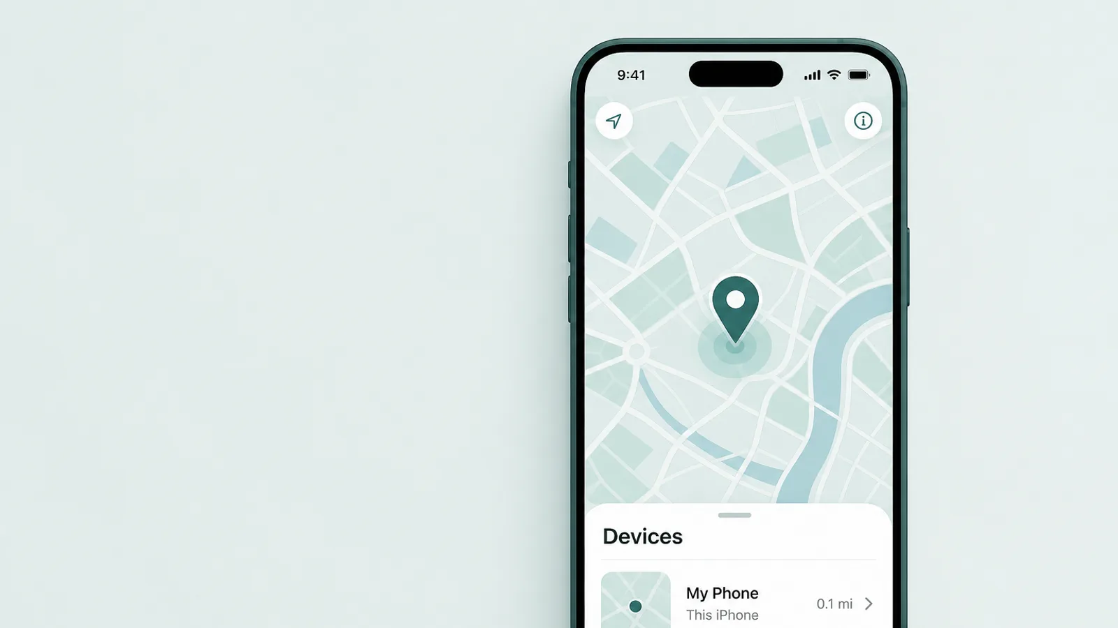 Màn hình bản đồ Find My với một ghim vị trí duy nhất và một thẻ thiết bị