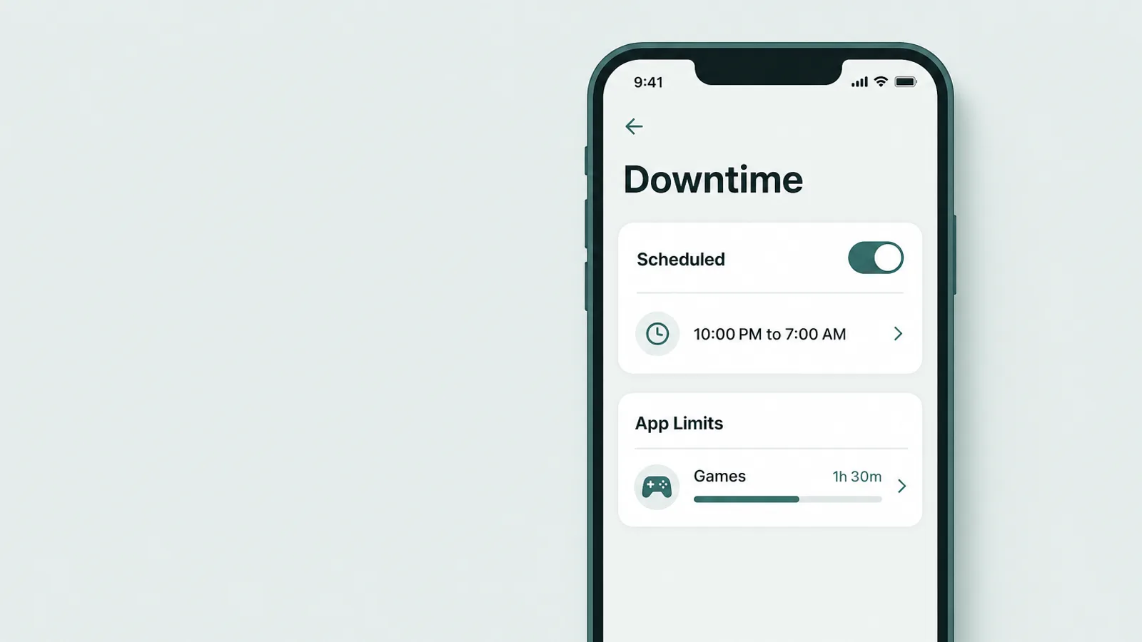 Màn hình Downtime trên iOS hiển thị một khoảng thời gian đã lên lịch và một thẻ App Limits